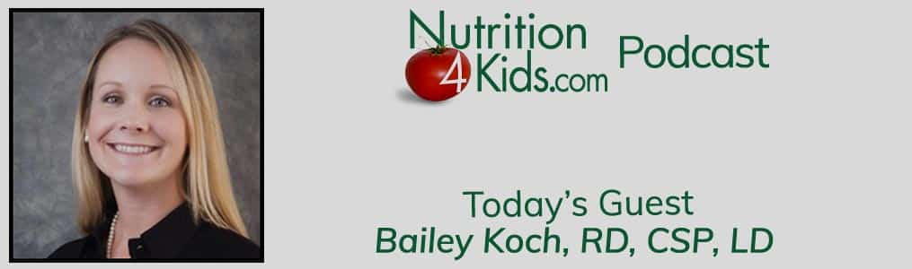 Nutrition-4-kids-podcast: Healthy snacks mini meals Balanced nutrition for kids. 1015x300 image: Bailey Koch, RD, CSP, LD head shot on the left, Nutrition4Kids Podcast logo on top, and "Today's Guest" at bottom with "Bailey Koch, RD, CSP, LD" on last line at bottom.