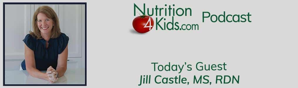 Nutrition-4-Kids logo at top with "Podcast" and title: "Today's Guest: Jill Castle, MS, RDN," and a headshot on the left of guest, Jill-Castle-MS-RDN